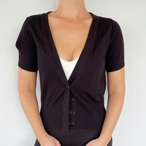 Worthington black short sleeve button front knit cardigan top size medium